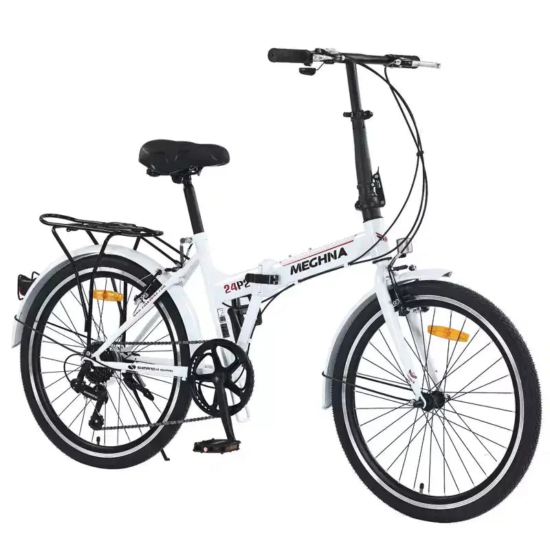 Vélo pliant Okak 24 pouces avec 7 vitesses et cadre en acier, vélos de croisière avec porte-bagages arrière et garde-boue, vélo adulte pour les voyages et les trajets quotidiens