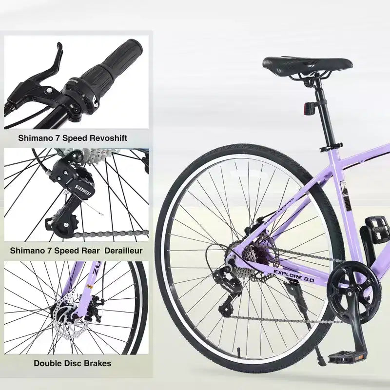 Vélo hybride Okak 700C avec cadre en alliage d'aluminium et freins à double disque, vélo de route à guidon plat, vélo pour adultes pour le cyclisme sur route et les voyages