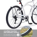 Vélo de plage Okak 26 pouces avec système 7 vitesses, vélo homme avec freins en V avant et arrière, vélo à cadre métallique pour adolescents et adultes