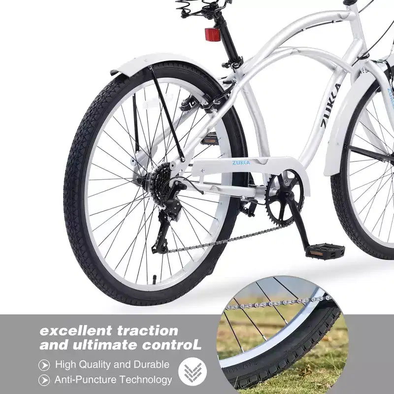 Vélo de plage Okak 26 pouces avec système 7 vitesses, vélo homme avec freins en V avant et arrière, vélo à cadre métallique pour adolescents et adultes
