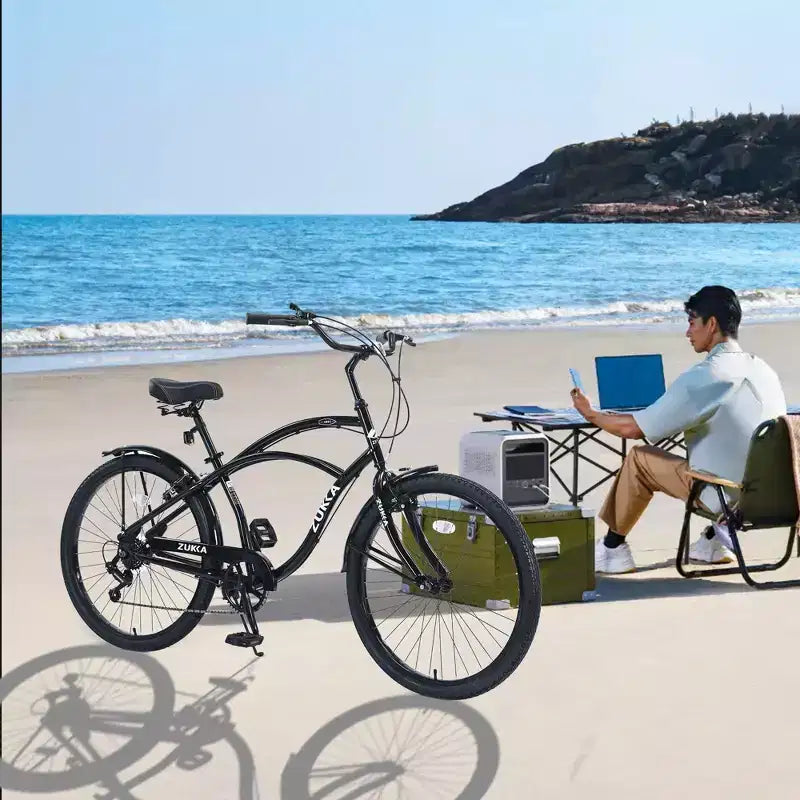 Vélo de plage Okak 26 pouces avec système 7 vitesses, vélo homme avec freins en V avant et arrière, vélo à cadre métallique pour adolescents et adultes