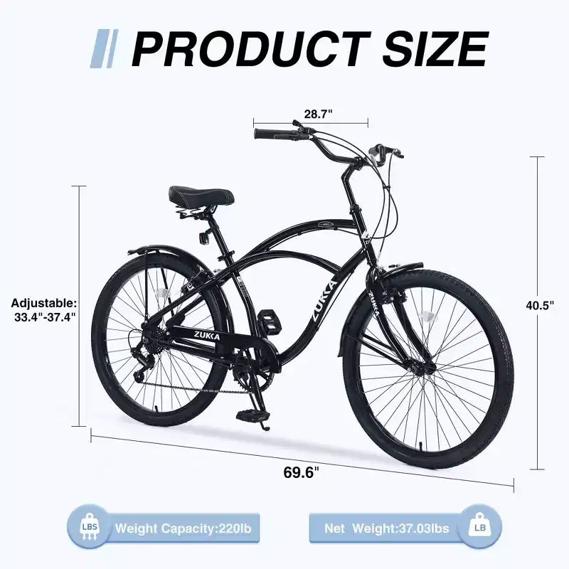 Vélo de plage Okak 26 pouces avec système 7 vitesses, vélo homme avec freins en V avant et arrière, vélo à cadre métallique pour adolescents et adultes