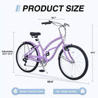 Vélo Okak 26 pouces pour femme avec 7 vitesses, vélo de plage cruiser avec double frein en V et selle rembourrée, vélo pour adulte pour les trajets quotidiens, les voyages, la montagne