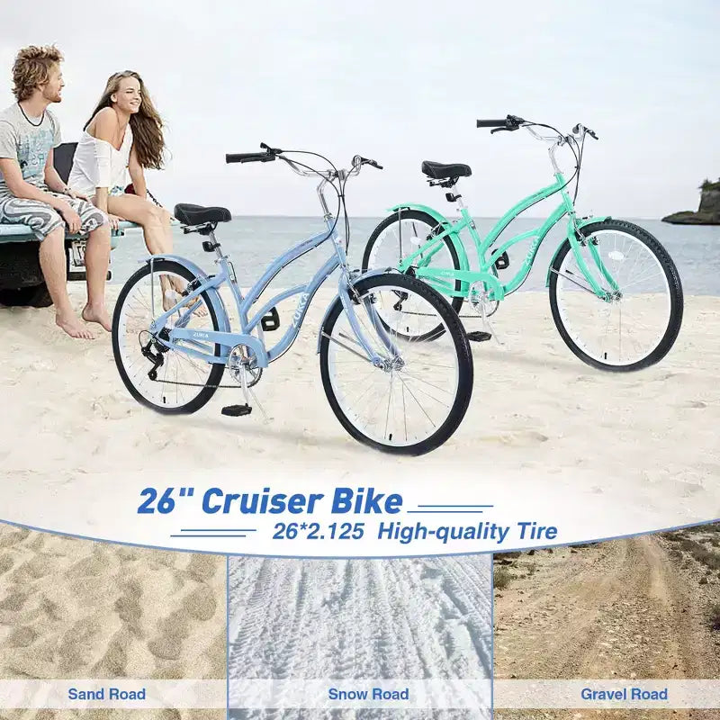 Vélo Okak 26 pouces pour femme avec 7 vitesses, vélo de plage cruiser avec double frein en V et selle rembourrée, vélo pour adulte pour les trajets quotidiens, les voyages, la montagne