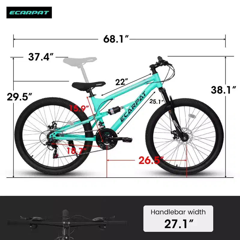 VTT Okak 26 pouces avec amortisseurs avant et arrière, 21 vitesses, cadre en acier, vélo homme pour adolescents et adultes, bleu