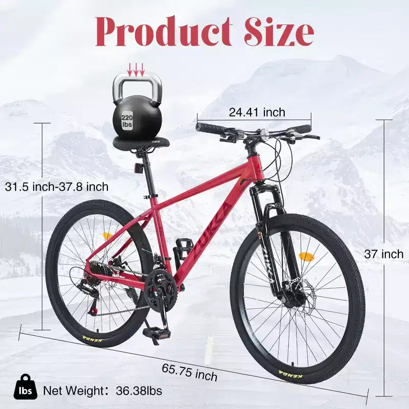 Vélo adulte Okak 26 pouces, 24 vitesses, fourche suspendue, VTT avec pneus KENDA et freins à disque, VTT à pneus larges pour hommes et femmes
