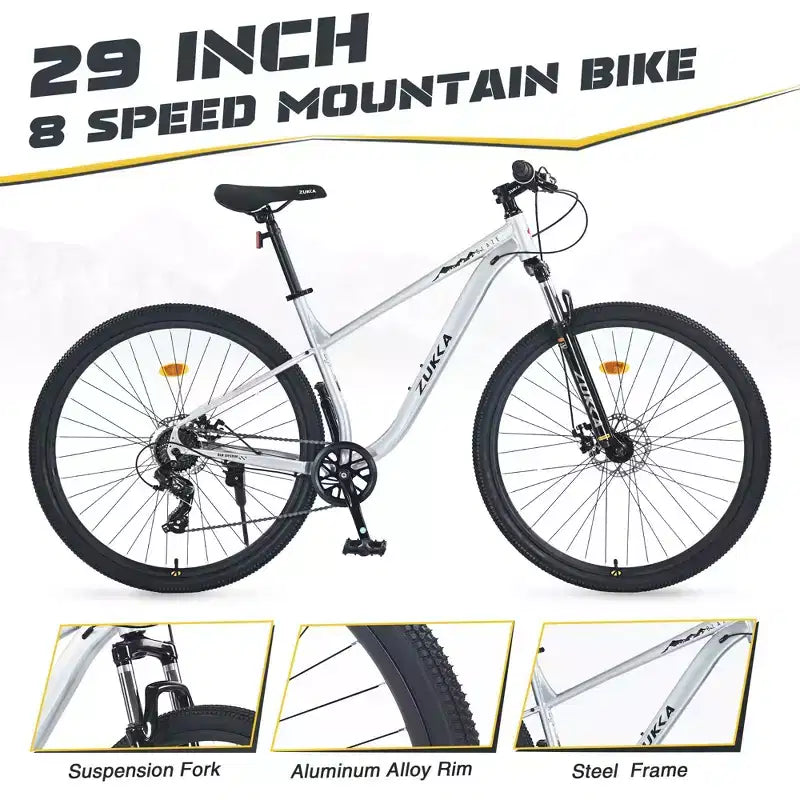 VTT Okak 29 pouces avec système 8 vitesses, Dirt Bike avec cadre en acier et suspension avant, vélo pour adultes hommes, femmes, garçons et filles