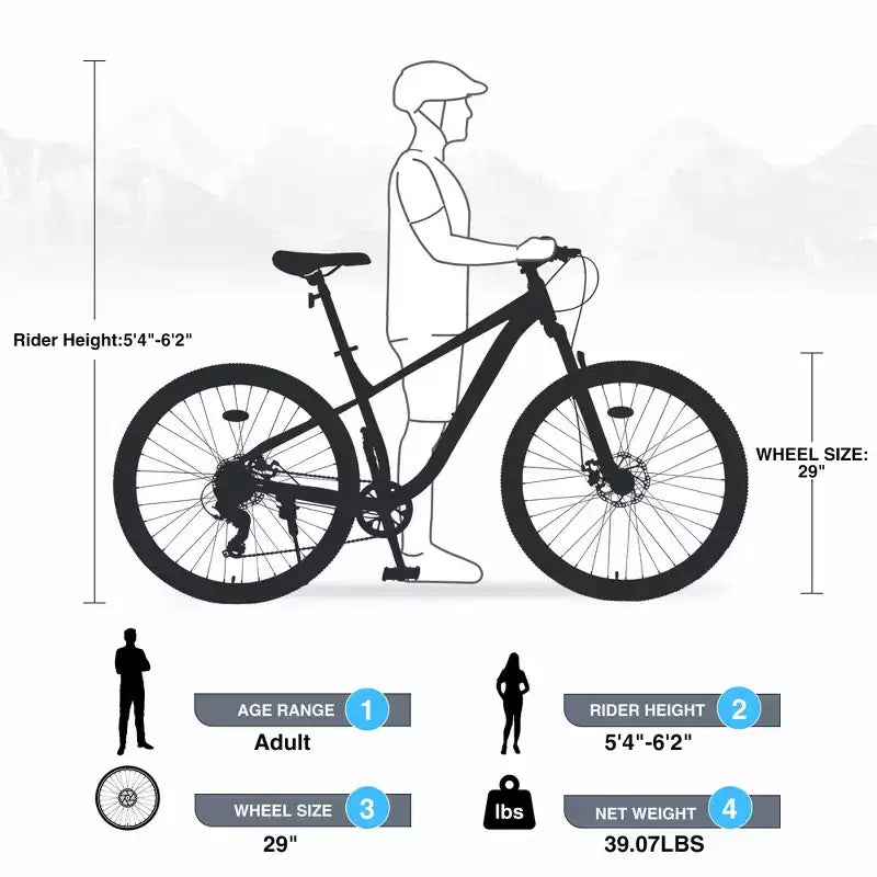VTT Okak 29 pouces avec système 8 vitesses, Dirt Bike avec cadre en acier et suspension avant, vélo pour adultes hommes, femmes, garçons et filles