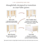 Mini-lit convertible et lit jumeau Babyletto Lolly 4-en-1 avec kit de conversion pour lit de tout-petit - Blanc et naturel