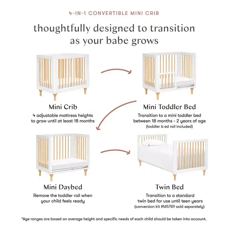 Mini-lit convertible et lit jumeau Babyletto Lolly 4-en-1 avec kit de conversion pour lit de tout-petit - Blanc et naturel