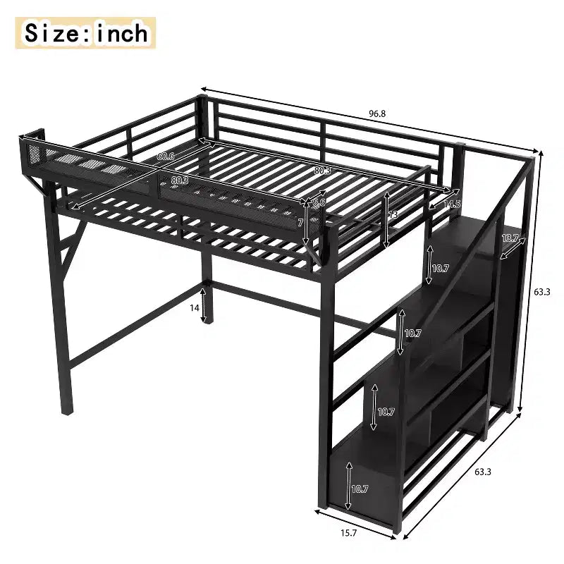 Lit mezzanine Bellemave Queen avec escaliers de rangement, étagères et armoire intégrée, cadre avec ports USB, conception à réduction de bruit, noir