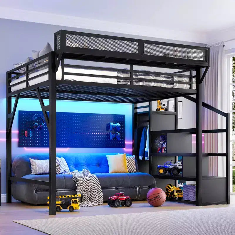 Lit mezzanine Bellemave Queen avec escaliers de rangement, étagères et armoire intégrée, cadre avec ports USB, conception à réduction de bruit, noir