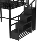 Lit mezzanine Bellemave Queen avec escaliers de rangement, étagères et armoire intégrée, cadre avec ports USB, conception à réduction de bruit, noir