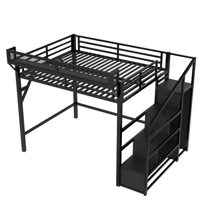 Lit mezzanine Bellemave Queen avec escaliers de rangement, étagères et armoire intégrée, cadre avec ports USB, conception à réduction de bruit, noir