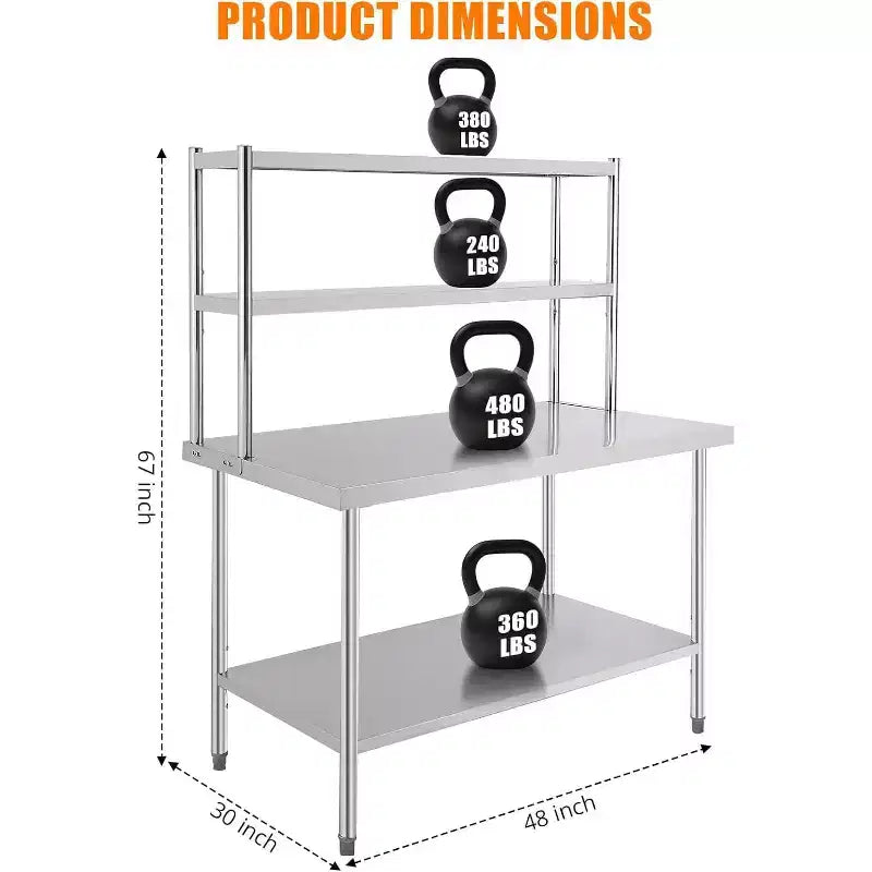 Table de travail en acier inoxydable Table de préparation alimentaire commerciale robuste avec étagères et pieds réglables pour restaurant/maison/hôtel (1 pièce)