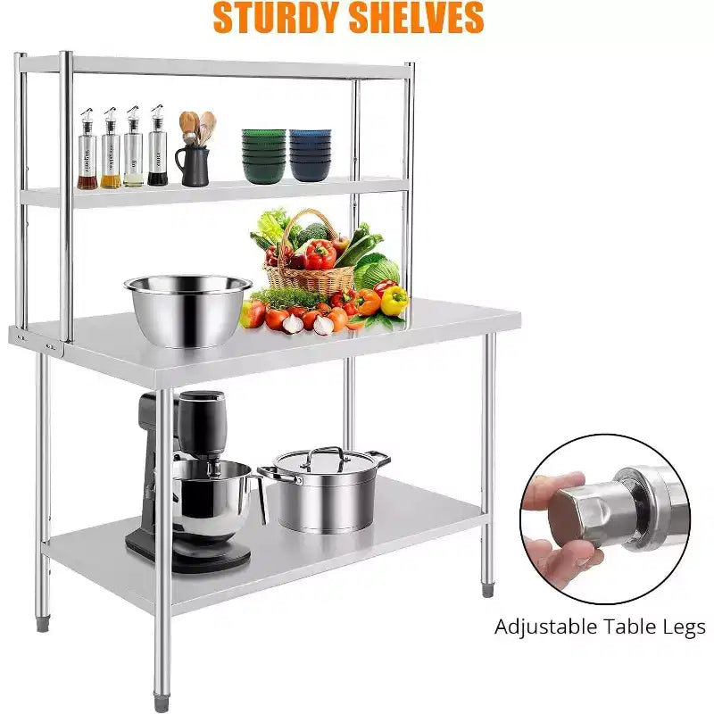 Table de travail en acier inoxydable Table de préparation alimentaire commerciale robuste avec étagères et pieds réglables pour restaurant/maison/hôtel (1 pièce)
