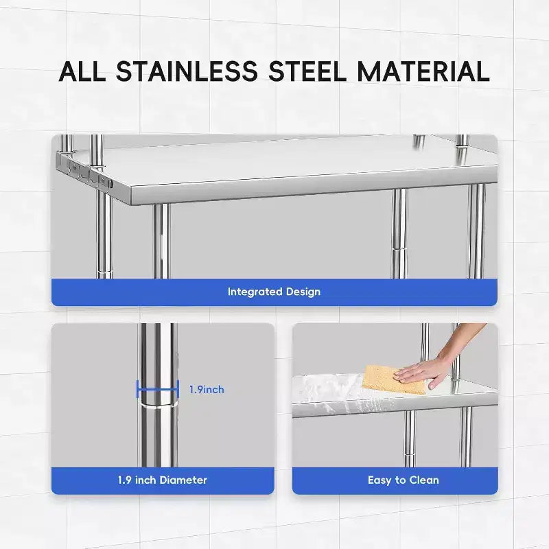 Table de travail en acier inoxydable Table de préparation alimentaire commerciale robuste avec étagères et pieds réglables pour restaurant/maison/hôtel (1 pièce)