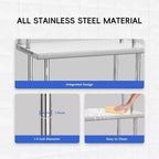 Table de travail en acier inoxydable Table de préparation alimentaire commerciale robuste avec étagères et pieds réglables pour restaurant/maison/hôtel (1 pièce)