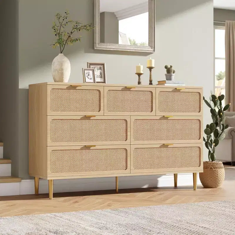 Commode haute à tiroirs en osier pour la chambre, armoire à tiroirs grande capacité, coiffeuse avec un plateau large, adaptée pour le salon, le couloir