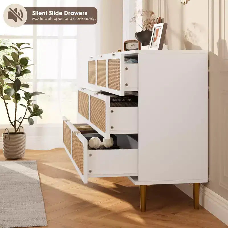 Commode haute à tiroirs en osier pour la chambre, armoire à tiroirs grande capacité, coiffeuse avec un plateau large, adaptée pour le salon, le couloir