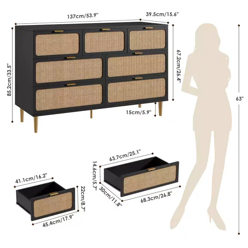 Commode haute à tiroirs en osier pour la chambre, armoire à tiroirs grande capacité, coiffeuse avec un plateau large, adaptée pour le salon, le couloir