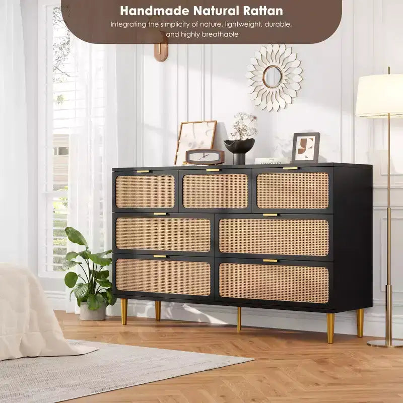 Commode haute à tiroirs en osier pour la chambre, armoire à tiroirs grande capacité, coiffeuse avec un plateau large, adaptée pour le salon, le couloir