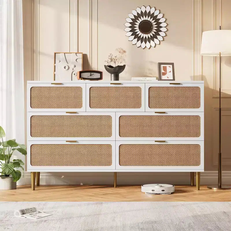Commode haute à tiroirs en osier pour la chambre, armoire à tiroirs grande capacité, coiffeuse avec un plateau large, adaptée pour le salon, le couloir