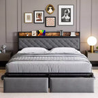 Bed Frame, Storage Headboard and 2 Storage Drawers, Upholstered Platform Bed, Noise Free, No Box Spring Needed, Easy Assembly