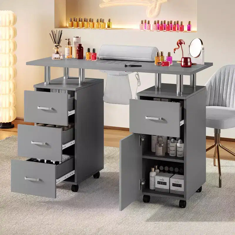 COZONY Table de manucure avec collecteur de poussière électrique, 4 tiroirs, armoire de rangement, repose-poignet et roulettes verrouillables, pour salon et maison