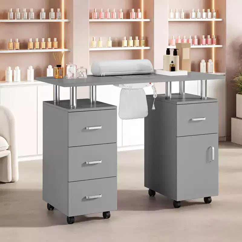 COZONY Table de manucure avec collecteur de poussière électrique, 4 tiroirs, armoire de rangement, repose-poignet et roulettes verrouillables, pour salon et maison