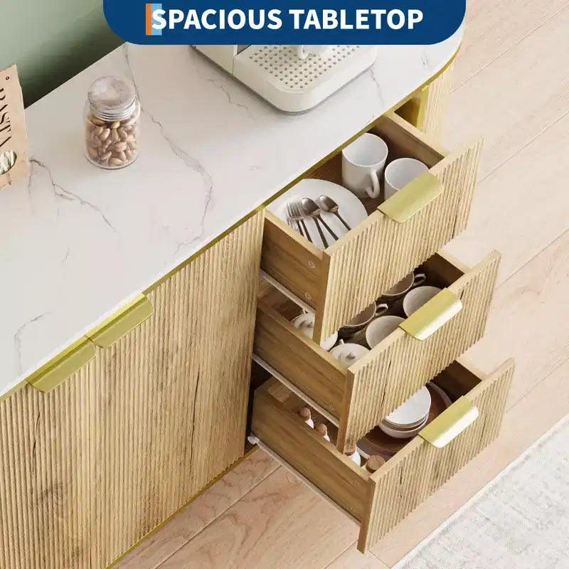 Buffet de salle à manger/salon avec 3 tiroirs et étagères réglables, style cannelé