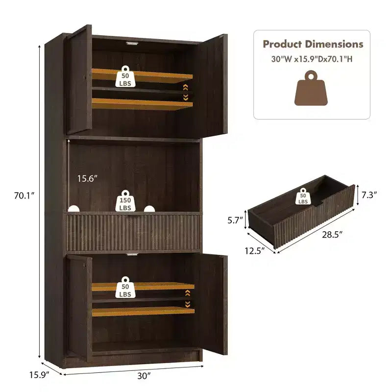 Meuble de Rangement Haut de 70 po avec Comptoir, Meubles Hauts Canné avec Portes et Tiroir, pour Salle de Bain, Salle à Manger, Salon