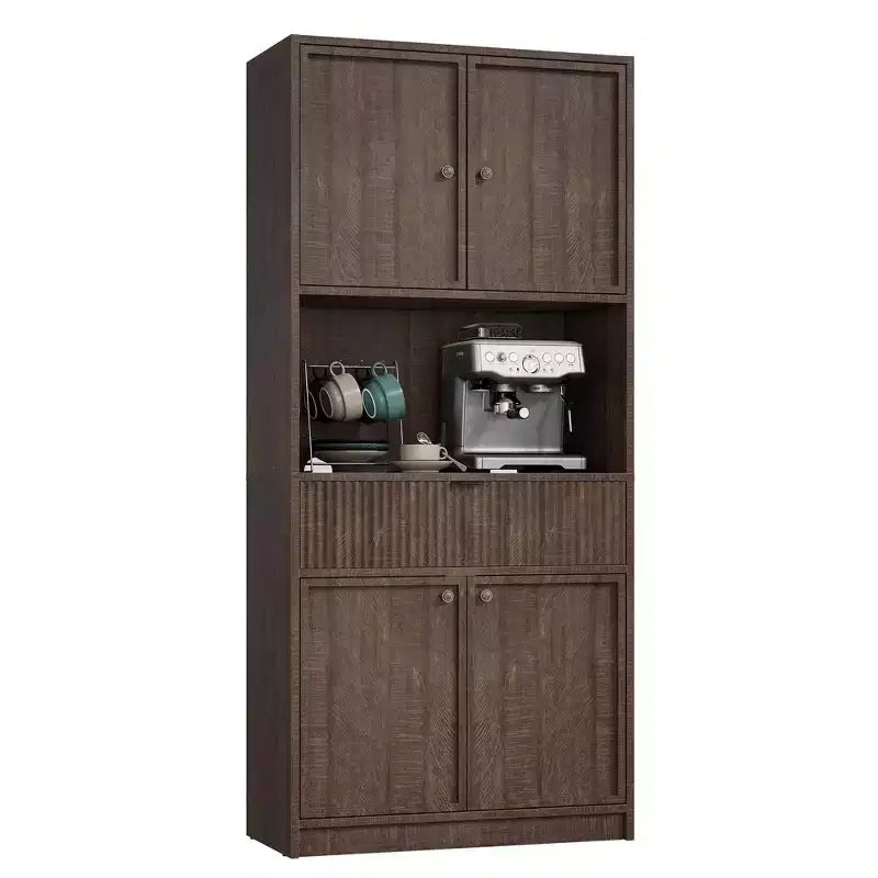Meuble de Rangement Haut de 70 po avec Comptoir, Meubles Hauts Canné avec Portes et Tiroir, pour Salle de Bain, Salle à Manger, Salon