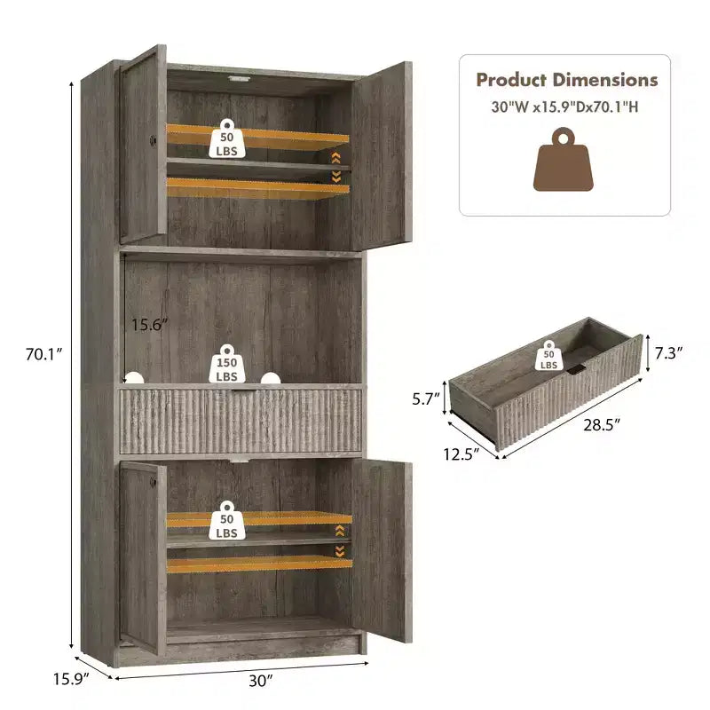 Meuble de Rangement Haut de 70 po avec Comptoir, Meubles Hauts Canné avec Portes et Tiroir, pour Salle de Bain, Salle à Manger, Salon