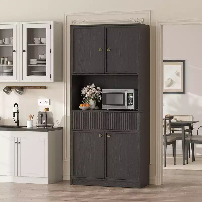 Meuble de Rangement Haut de 70 po avec Comptoir, Meubles Hauts Canné avec Portes et Tiroir, pour Salle de Bain, Salle à Manger, Salon