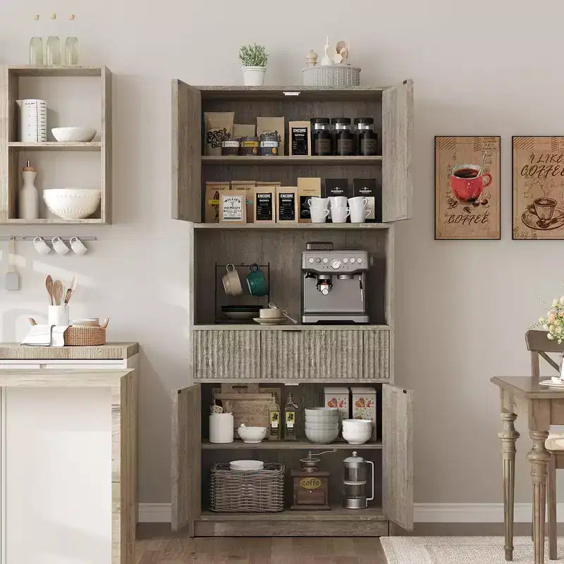 Meuble de Rangement Haut de 70 po avec Comptoir, Meubles Hauts Canné avec Portes et Tiroir, pour Salle de Bain, Salle à Manger, Salon