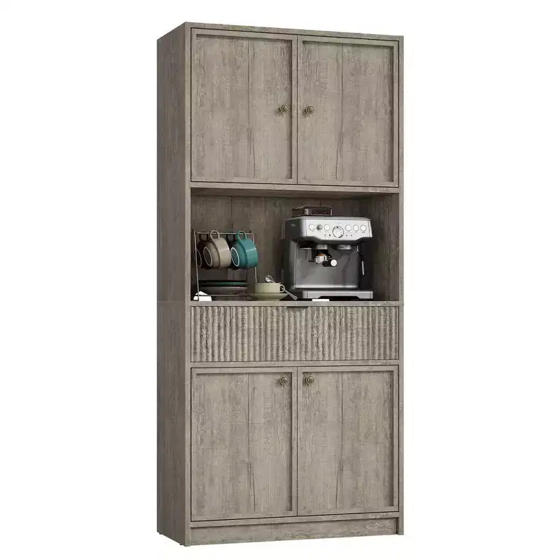 Meuble de Rangement Haut de 70 po avec Comptoir, Meubles Hauts Canné avec Portes et Tiroir, pour Salle de Bain, Salle à Manger, Salon
