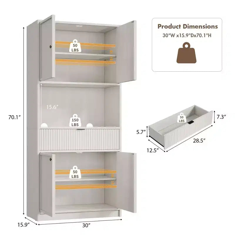 Meuble de Rangement Haut de 70 po avec Comptoir, Meubles Hauts Canné avec Portes et Tiroir, pour Salle de Bain, Salle à Manger, Salon