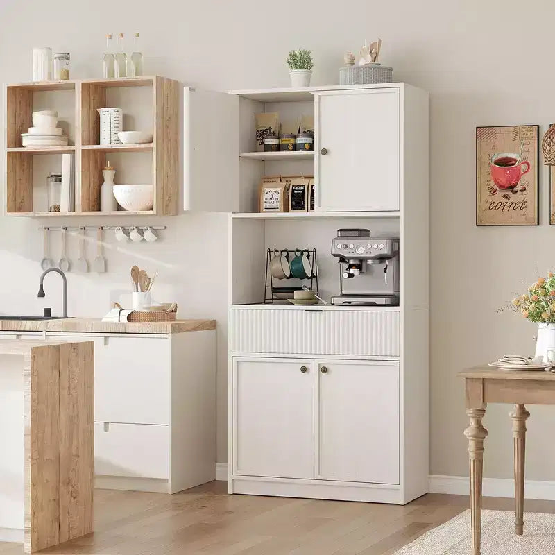 Meuble de Rangement Haut de 70 po avec Comptoir, Meubles Hauts Canné avec Portes et Tiroir, pour Salle de Bain, Salle à Manger, Salon