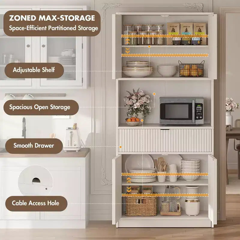 Meuble de Rangement Haut de 70 po avec Comptoir, Meubles Hauts Canné avec Portes et Tiroir, pour Salle de Bain, Salle à Manger, Salon
