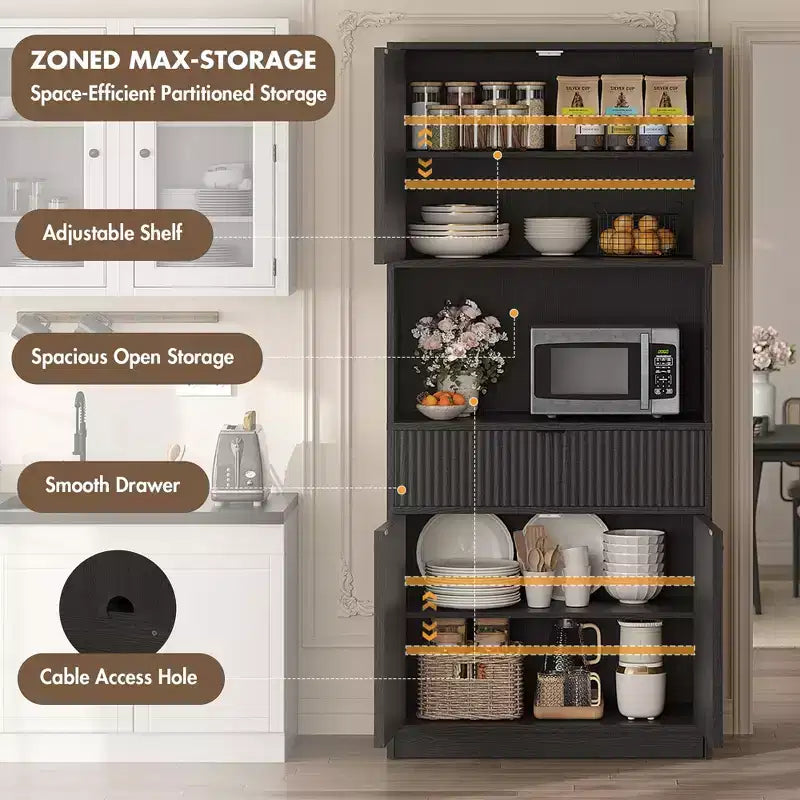 Meuble de Rangement Haut de 70 po avec Comptoir, Meubles Hauts Canné avec Portes et Tiroir, pour Salle de Bain, Salle à Manger, Salon