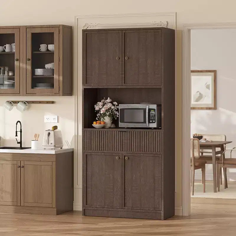 Meuble de Rangement Haut de 70 po avec Comptoir, Meubles Hauts Canné avec Portes et Tiroir, pour Salle de Bain, Salle à Manger, Salon