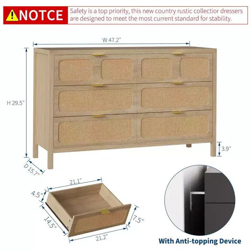 Commode à 6 tiroirs, commode en rotin pour chambre à coucher avec poignées en métal, commode de rangement en bois style ferme pour chambre à coucher, salon, couloir, entrée