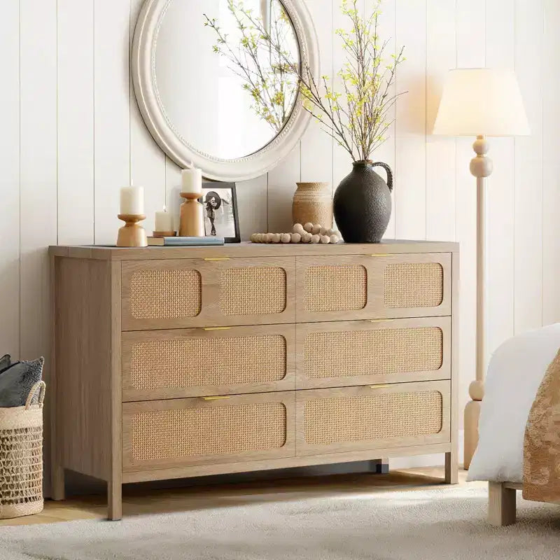 Commode à 6 tiroirs, commode en rotin pour chambre à coucher avec poignées en métal, commode de rangement en bois style ferme pour chambre à coucher, salon, couloir, entrée
