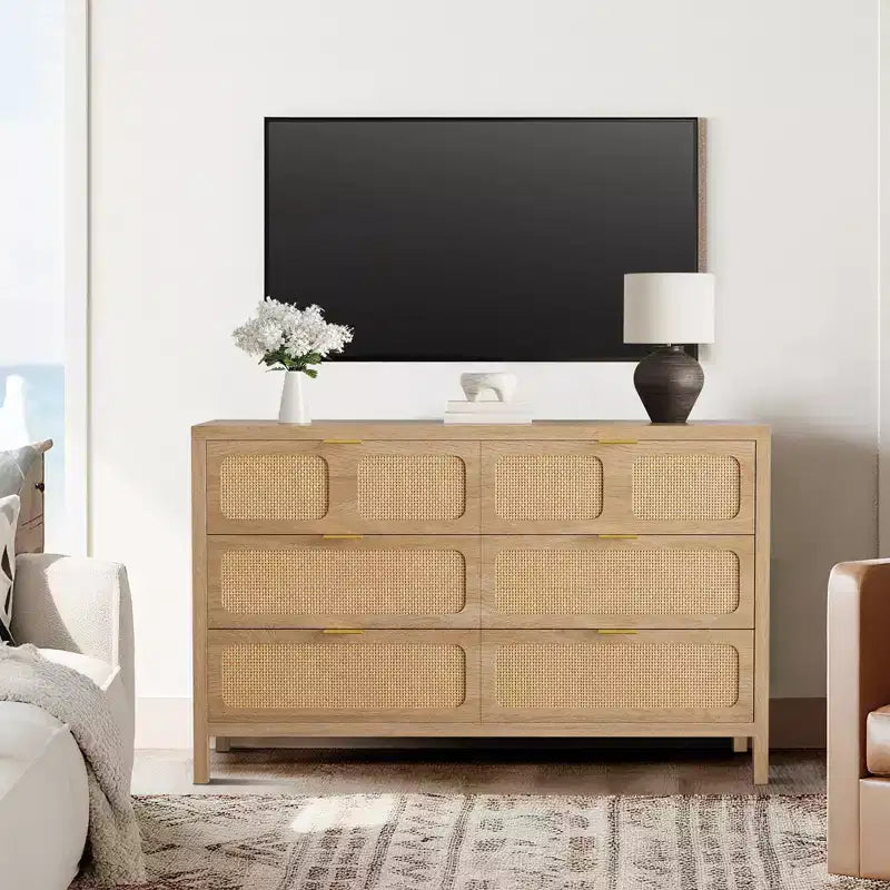 Commode à 6 tiroirs, commode en rotin pour chambre à coucher avec poignées en métal, commode de rangement en bois style ferme pour chambre à coucher, salon, couloir, entrée