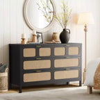 Commode à 6 tiroirs, commode en rotin pour chambre à coucher avec poignées en métal, commode de rangement en bois style ferme pour chambre à coucher, salon, couloir, entrée