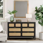 Commode à 6 tiroirs, commode en rotin pour chambre à coucher avec poignées en métal, commode de rangement en bois style ferme pour chambre à coucher, salon, couloir, entrée