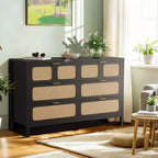 6 Drawer Dresser, Rattan Dresser for Bedroom with Metal Handles, Farmhouse Wood Storage Chest of Drawers for Bedroom, Living Room, Hallway, Entryway