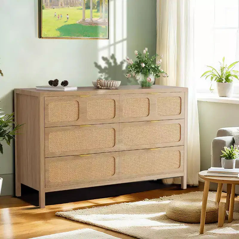 Commode à 6 tiroirs, commode en rotin pour chambre à coucher avec poignées en métal, commode de rangement en bois style ferme pour chambre à coucher, salon, couloir, entrée