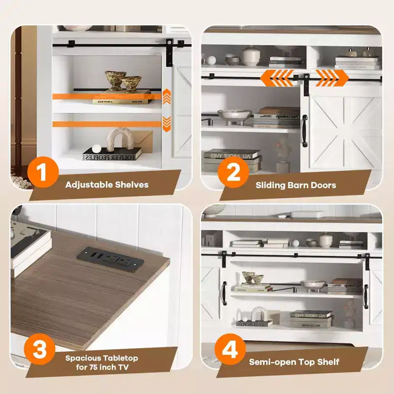 Meuble TV de style rustique pour téléviseur de 75 pouces, meuble de divertissement avec rangement semi-ouvert et portes de grange, console TV avec étagère réglable